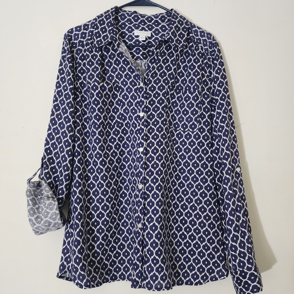 Charter Club Women 100% Linen Geo Print Roll-Tab Sleeves Shirt Sz XL Navy Blue W